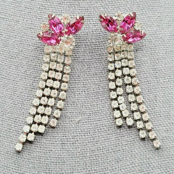 Vintage Rhinestone Drop Dangle Earrings Pink & Clear 2.25" Left Ear Right Ear - Picture 2 of 7